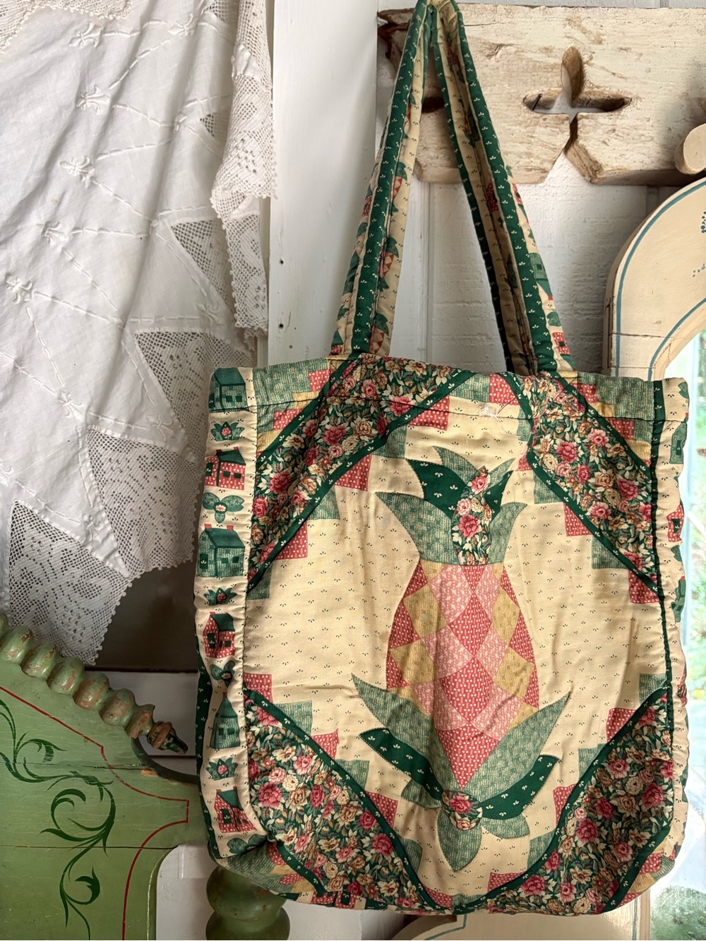 Vintage Quilted Pineapple Patchwork Tote Bag - Green & Cream